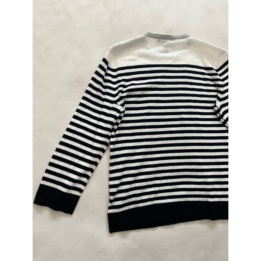 Lauren Ralph Lauren Petite Striped Sweater White Black Gray Zip Shoulder Cotton - Picture 12 of 13